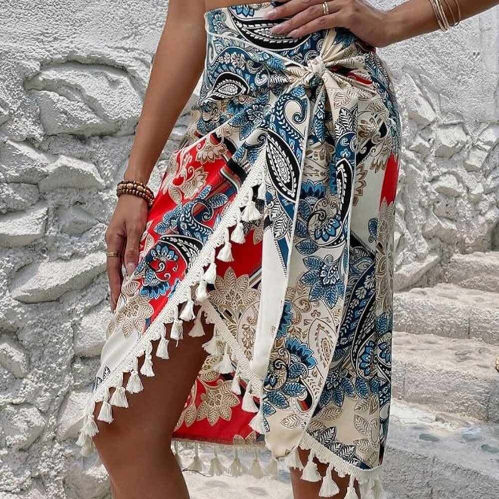 Multicolor Boho Womens Paisley Print Tassel Trim Wrap Knot Side Skirt